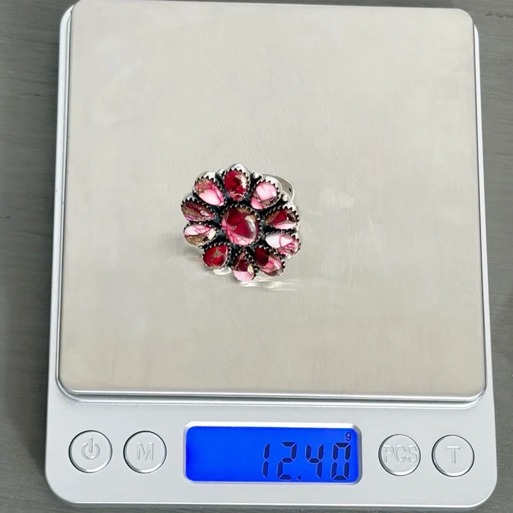 Pure Sterling Silver 925 Red Dahlia Turquoise Cluster Ring Size 7 Navajo Style - Picture 12 of 12